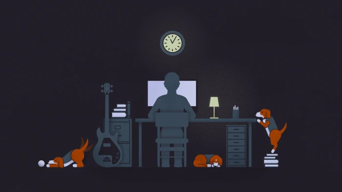 person sitting on computer desk with three beagles illustration of infront near guitar and puppies 2k