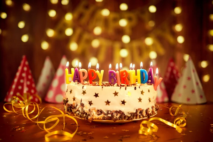 white and brown cake candles bokeh decoration Happy Birthday 2k 4k 5k