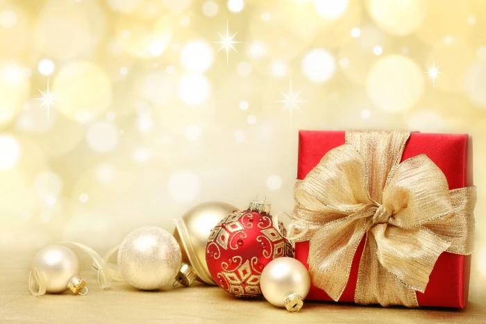 red gift box and baubles balls decoration toys New Year Christmas 2k 4k 5k