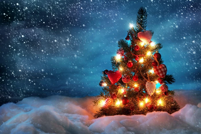 Christmas tree with baubles new year snow holiday night garland 2k 4k 5k