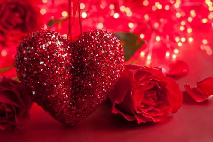 red heart ornament and rose flower decor st valentine day romance 2k 4k 5k