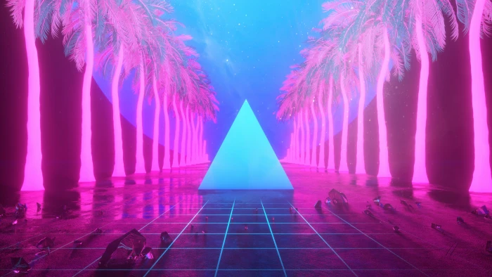 abstract pyramid Retro style reflection palm trees stars 2k 4k