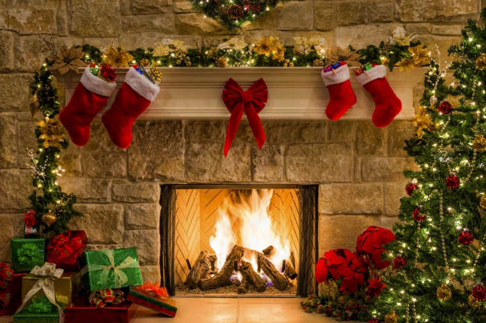 brown concrete fireplace mantel decoration lights tree holiday 2k