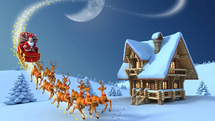 winter log cabin night santa claus sleigh carriage 2k 4k 5k