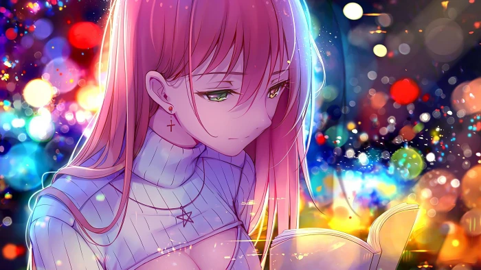 female with pink hair reading book wallpaper haired anime character holding 2k 4k