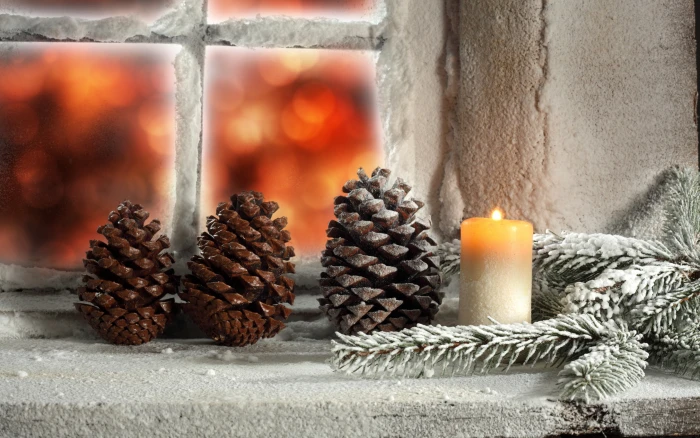Holidays Christmas fir cone snow candle window light winter 2k