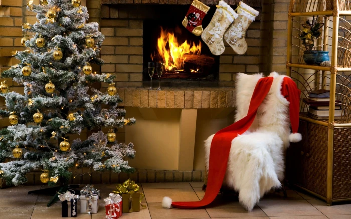 New Year Christmas tree ornaments fireplace indoors 2k