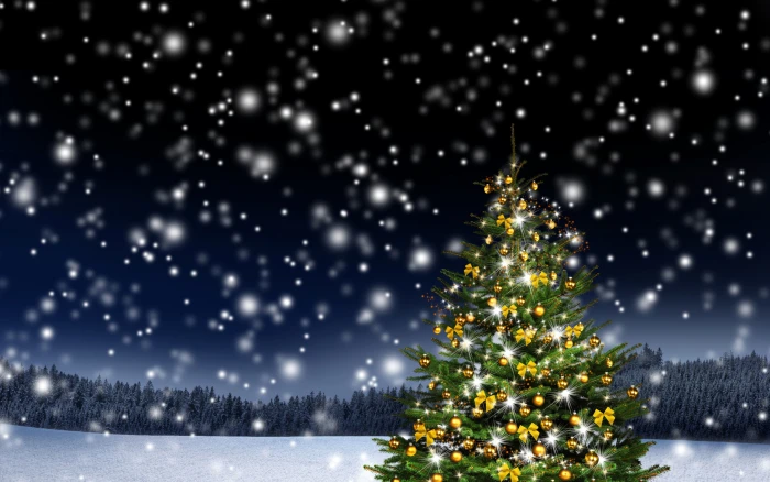 New Year winter snow green christmas tree with ornaments lights 2k