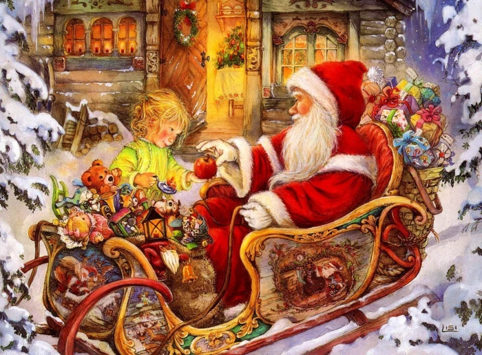 santa claus sleigh baby apple gifts holiday christmas