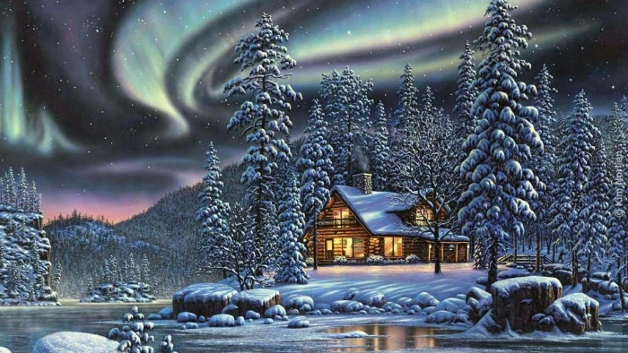 log cabin painting house cottage pine frost evening christmas