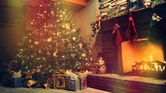 green Christmas tree trees fireplace lights toys decoration