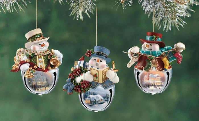 snowmen christmas decorations branch new year holiday close up three snowman figurines