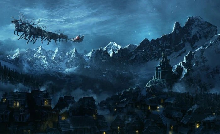 christmas sleigh flying santa claus city mountain holiday