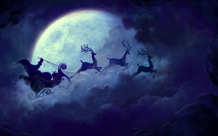 Santa Claus and deer digital wallpaper Christmas Moon sleigh 2k