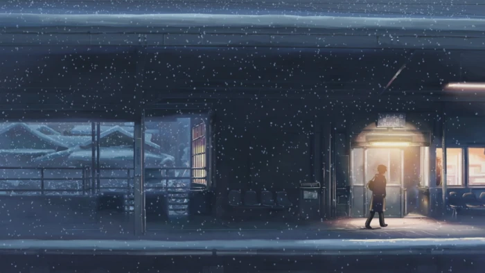 gray house person walking below snow 5 Centimeters Per Second