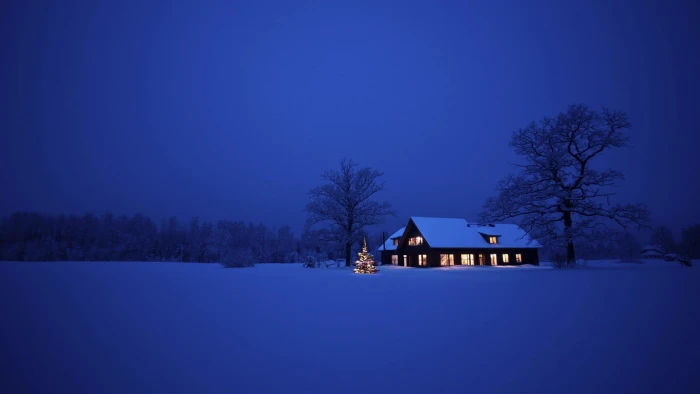 gray house photo of cabin in the middle snow covered field during nighttime 91