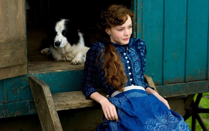 Carey Mulligan women actress dress blue dog long hair