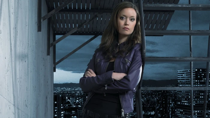 Summer Glau brunette women actress looking at viewer leather jackets