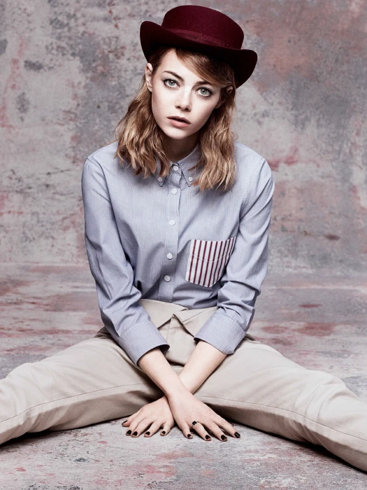 Emma Stone women actress painted nails hat sitting celebrity