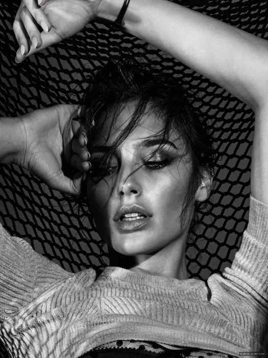 Gal Gadot actress women monochrome face portrait arms up