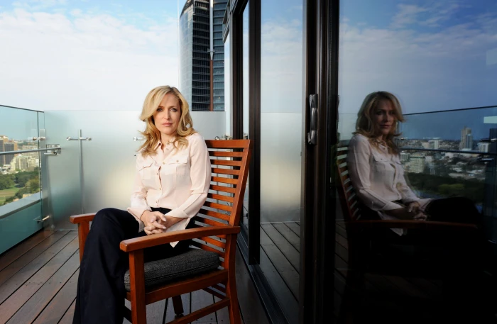 Gillian Anderson actress chair looking at viewer women 2k 4k