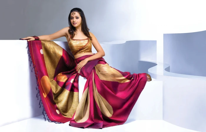 Gorgeous Bhavana In Saree maroon and yellow sari dress Bollywood Celebrities 2k