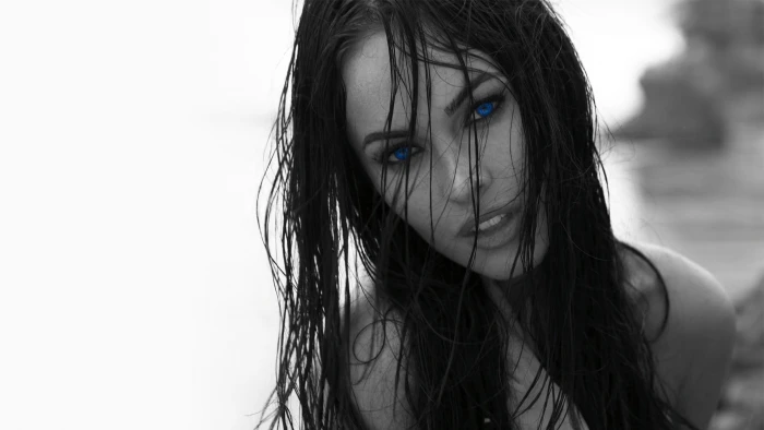 grayscale photography of woman Megan Fox monochrome selective coloring