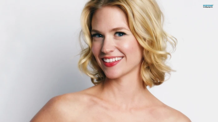January Jones smiling blonde bare shoulders actress portrait 49