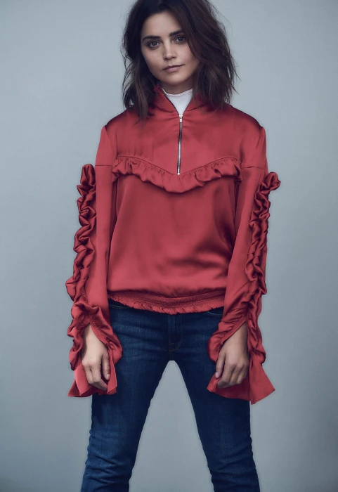 Jenna Coleman Actress women brunette jeans simple background