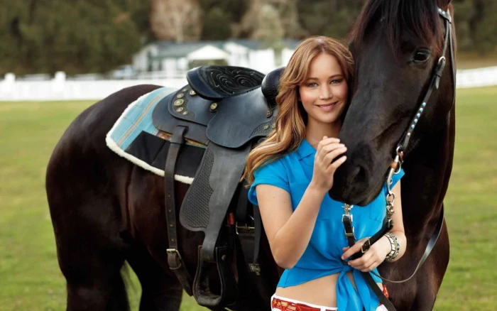 Jennifer Lawrence blondes women actresses animals horses blue dress girls with