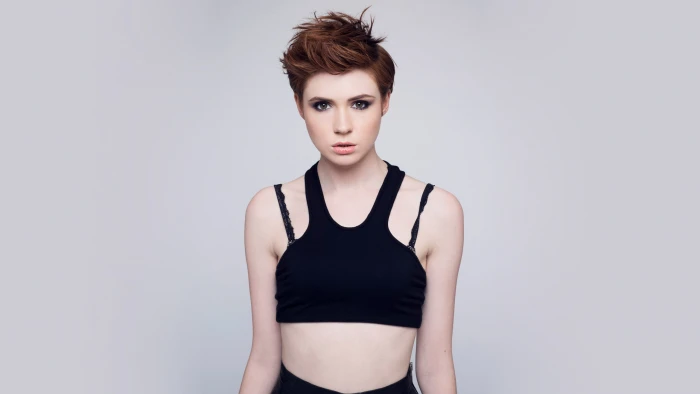 Karen Gillan redhead actress gray background closeup portrait 2k