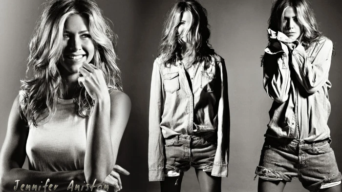 monochrome Jennifer Aniston blonde jean shorts sepia collage