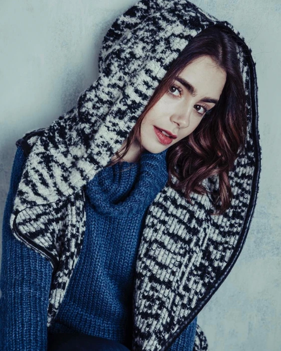 Lily Collins women hoods actress brunette red lipstick