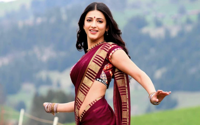 Shruti Hassan In Red Saree women's maroon and beige sari Female Celebrities