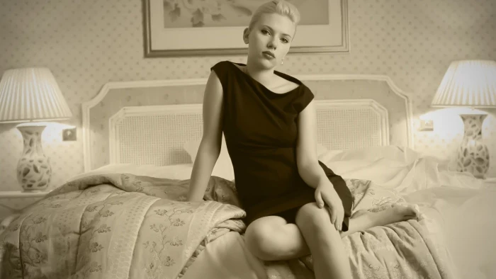 Scarlett Johansson bed actress women sepia furniture one person