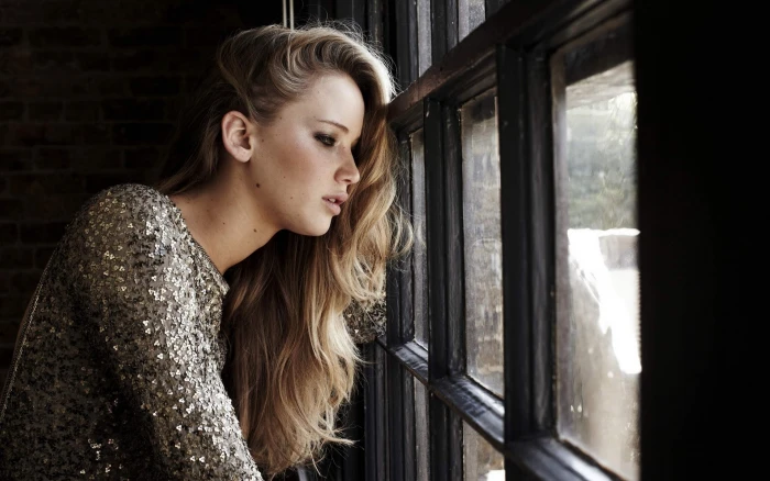 women blonde long hair dress smoky eyes window actress