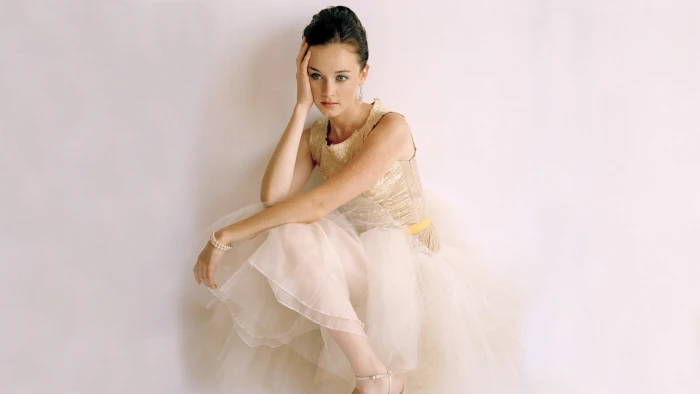 women blue eyes dress sitting white Alexis Bledel