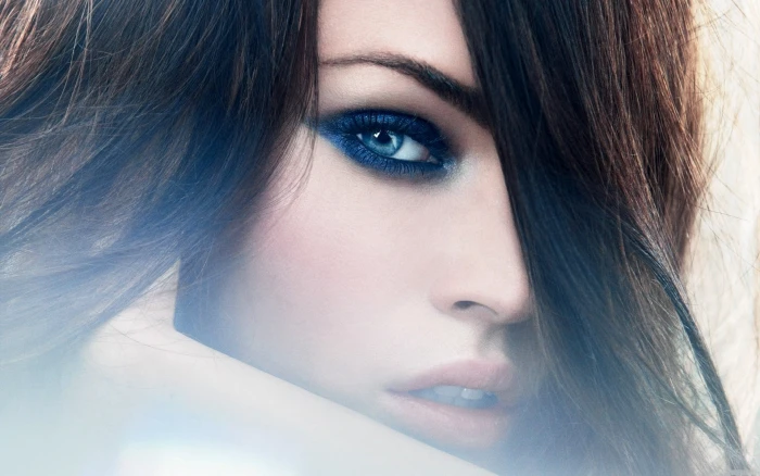 women Megan Fox portrait eyeshadow brunette face blue eyes