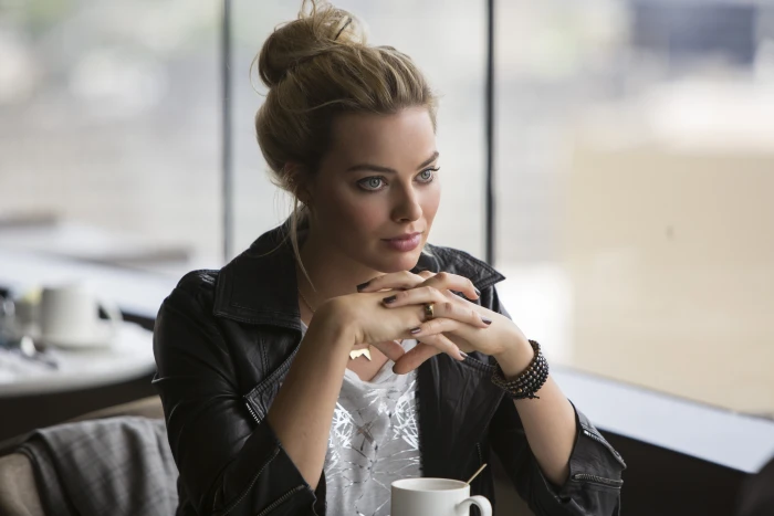 women's black leather jacket margot robbie actress blonde 2k 4k 5k