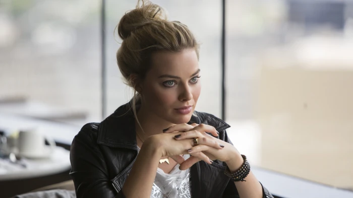 women's black leather jacket Margot Robbie actress portrait 2k