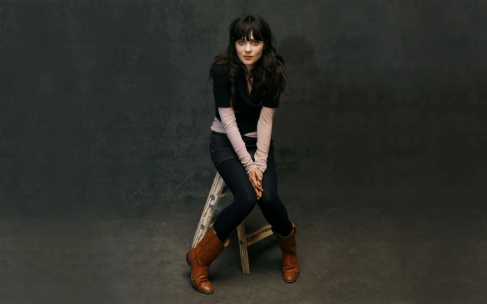 women's black shirt Zooey Deschanel actress brunette full length 78 2k