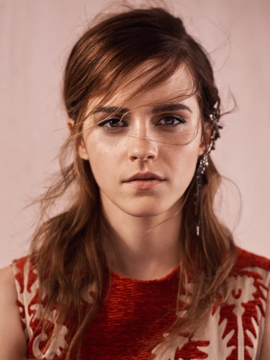 women's red top actress brunette long hair Emma Watson face 53