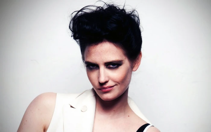women's white notched lapel top Eva Green actress dark hair
