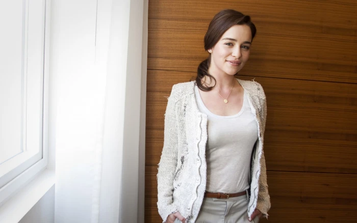 women's white scoop neck top and open cardigan Emilia Clarke 2k