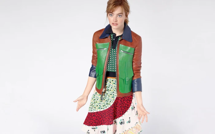 women's green and brown leather jacket Emma Stone actress simple background 77 2k 4k 5k