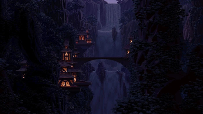 px bridge digital art fantasy Art Pixel waterfall Anime Gundam Seed HD 2k