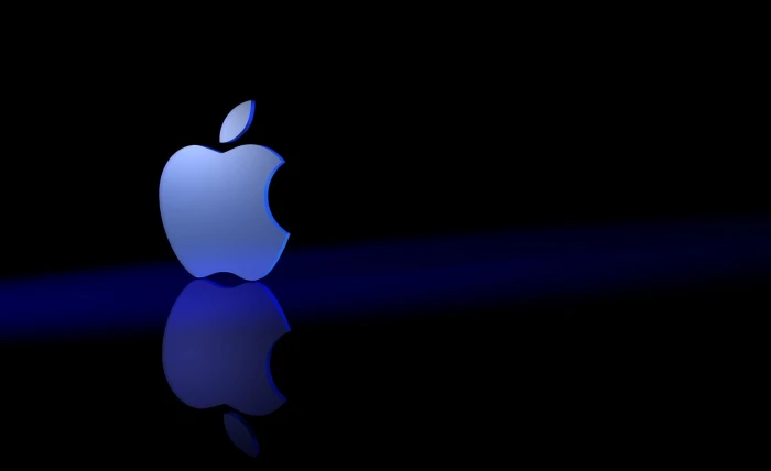 Brand Apple Logo Computers Mac Blue Black Reflection black background 2k