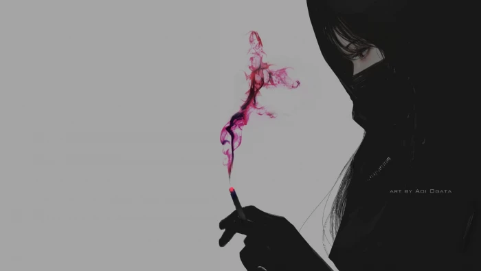 Aoi Ogata simple background gray smoke smoking 2k