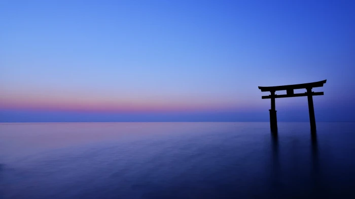 torii gate sunset landscape nature structure sky tranquil scene 2k