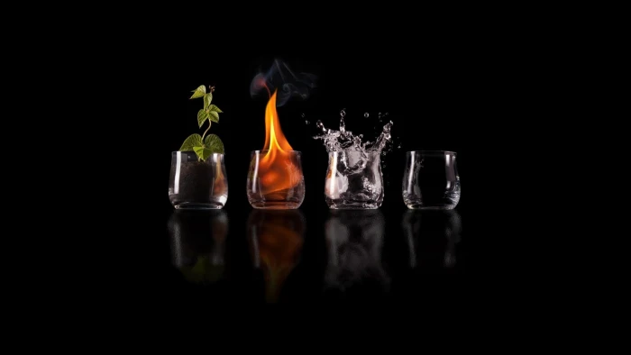 four clear rock glasses fire water black reflection elements 2k